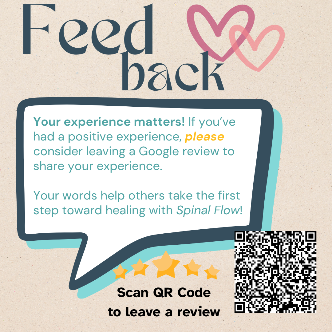 A feedback request graphic encouraging reviews with a speech bubble, pink hearts, four stars, and a QR code for leaving a review.