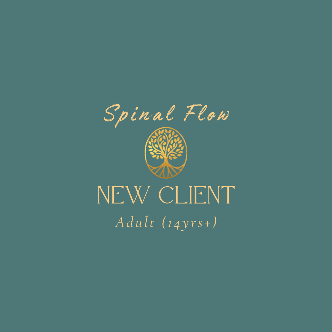 A teal-colored graphic with gold text and a decorative emblem. The text reads 'Spinal Flow,' 'NEW CLIENT,' and 'Adult (14+)'.