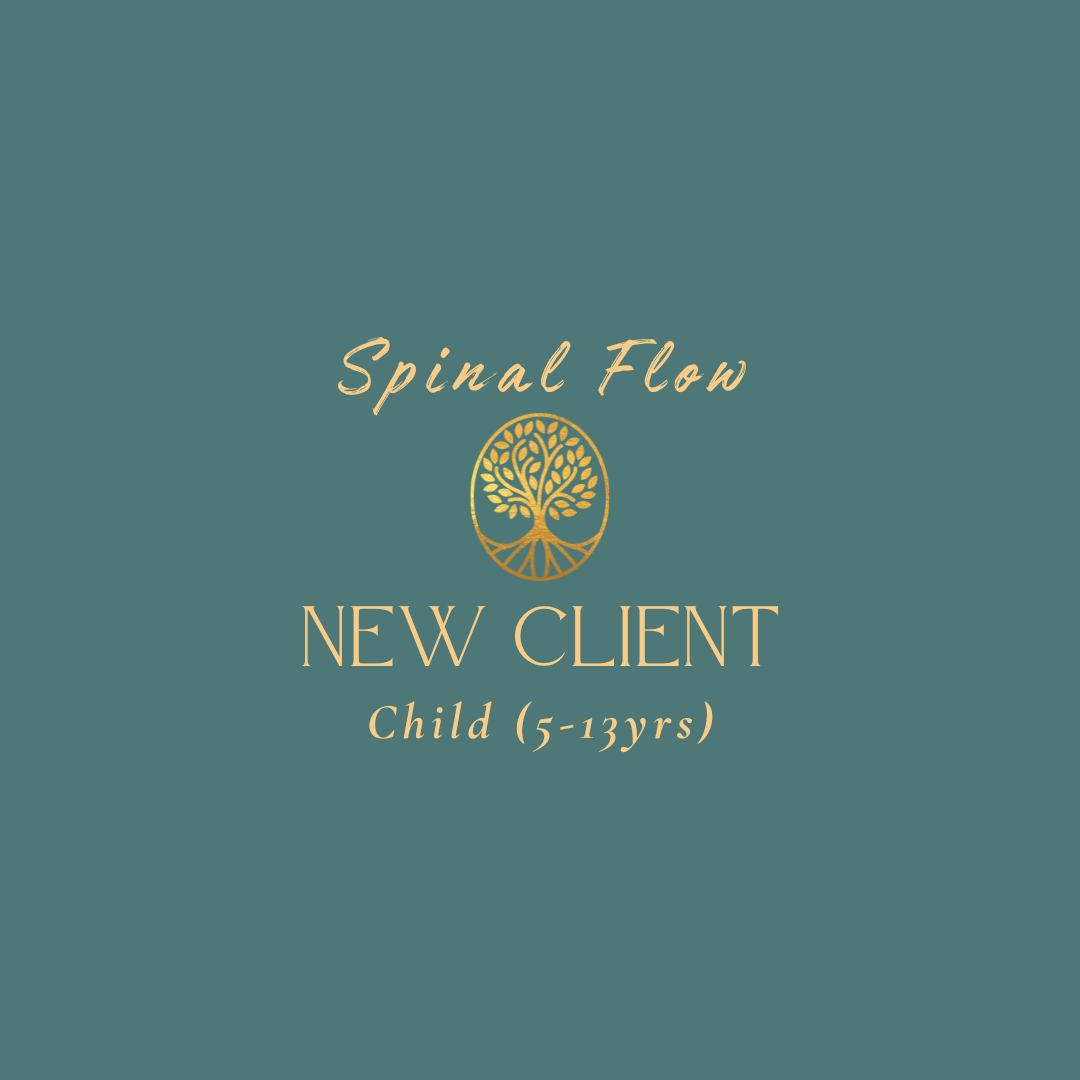 A teal-colored graphic with gold text and a gold tree logo, indicating a new child client aged 5 to 13 for Spinal Flow.