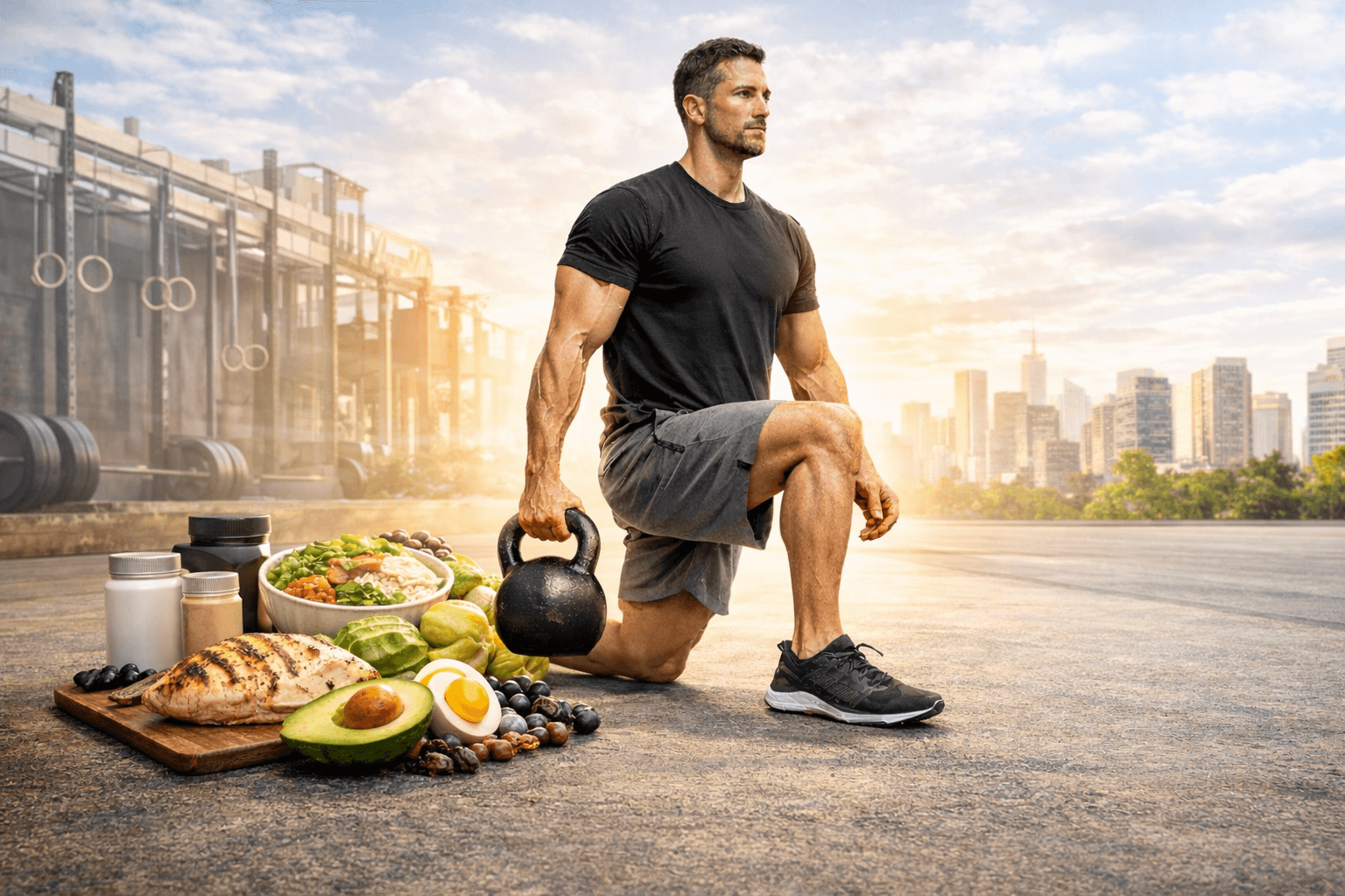 Athlete performing a kettlebell exercise beside prepared food and nutrition items in an outdoor training setting.