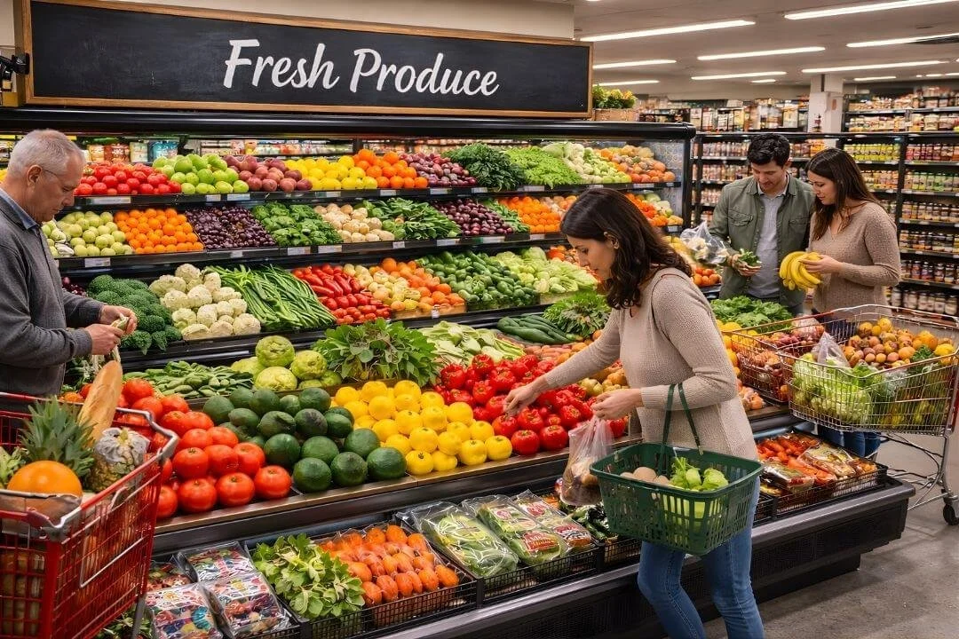 Customer selecting fresh fruits and vegetables in a grocery store produce section.