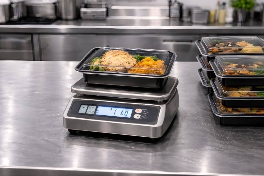 Prepared meal container being weighed on a digital scale in a commercial kitchen.