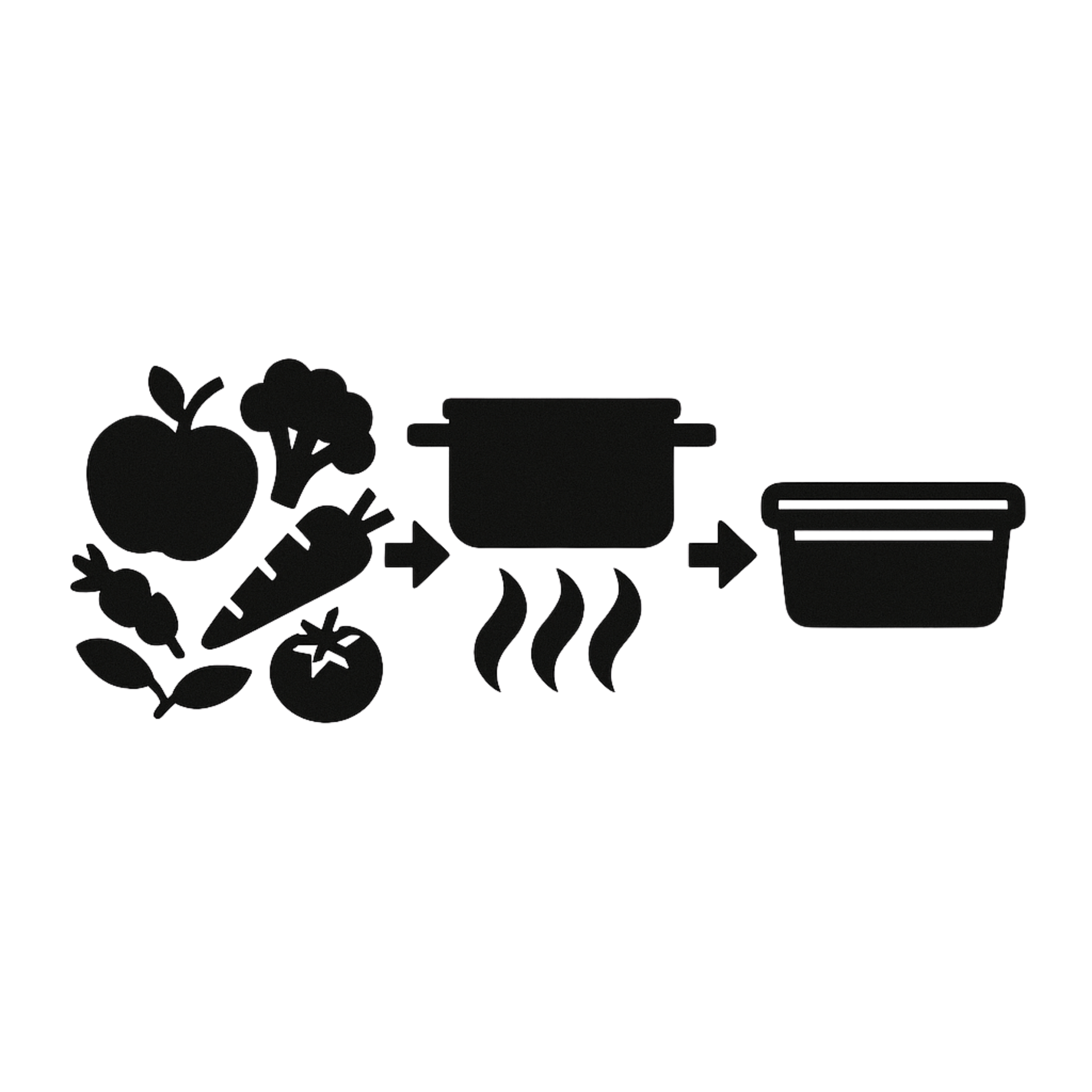 Graphic illustrating the meal prep process from fresh produce to cooking and food packaging.