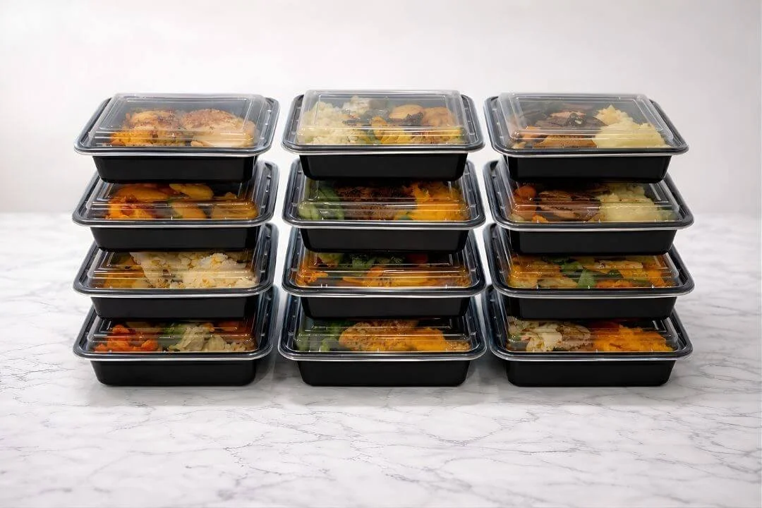 Prepared meal containers stacked neatly on a countertop for weekly meal prep.