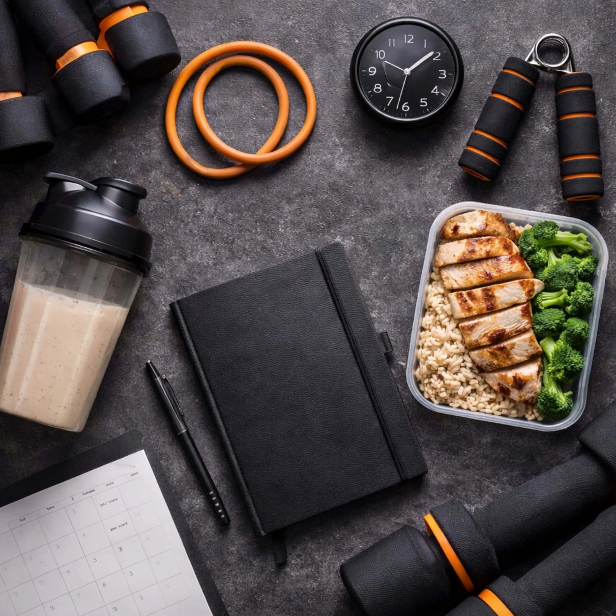 Prepared meal container, planning materials, and fitness equipment arranged on a flat surface.