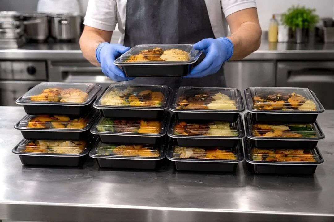Prepared meal containers arranged on a stainless steel counter in a commercial kitchen.