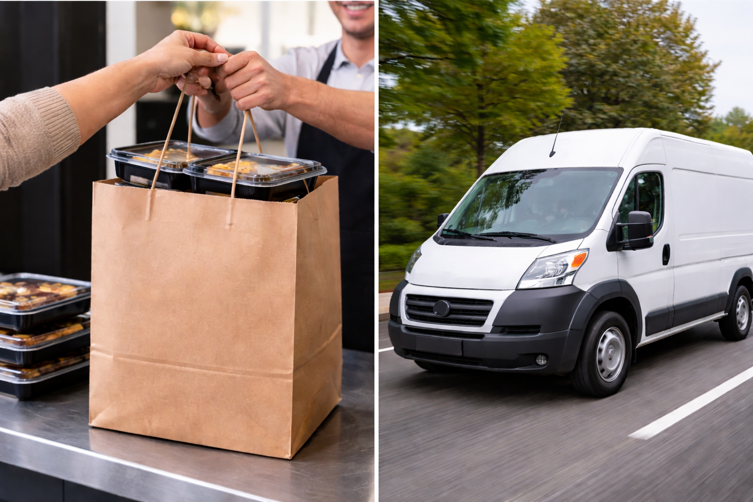 Prepared meals being packaged for delivery alongside a delivery van in transit.