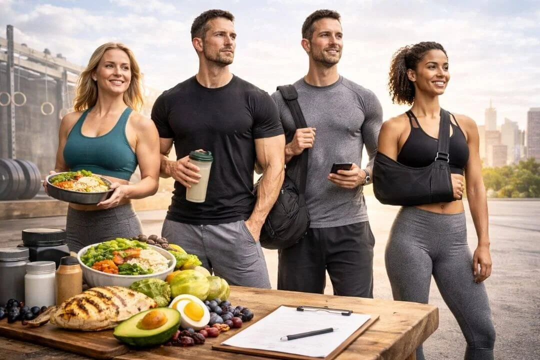 Group of athletes standing beside prepared food and nutrition items in an outdoor training setting