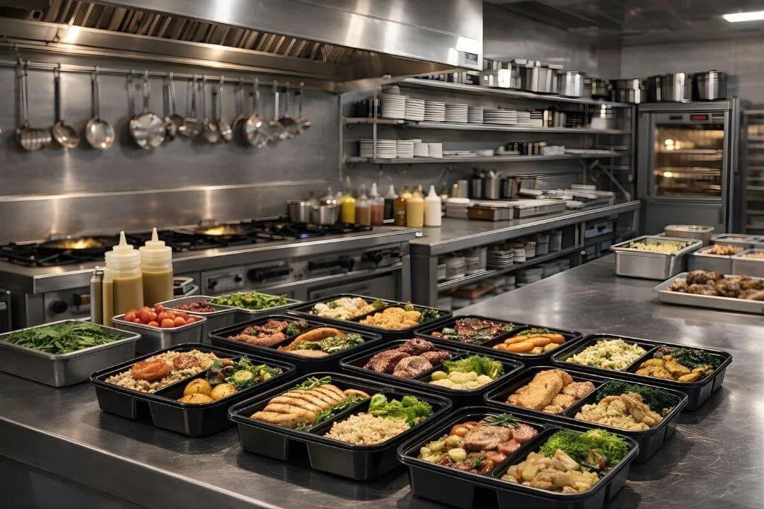 Multiple black meal prep containers filled with balanced meals including grilled proteins, vegetables, and grains, displayed in a professional stainless steel commercial kitchen.