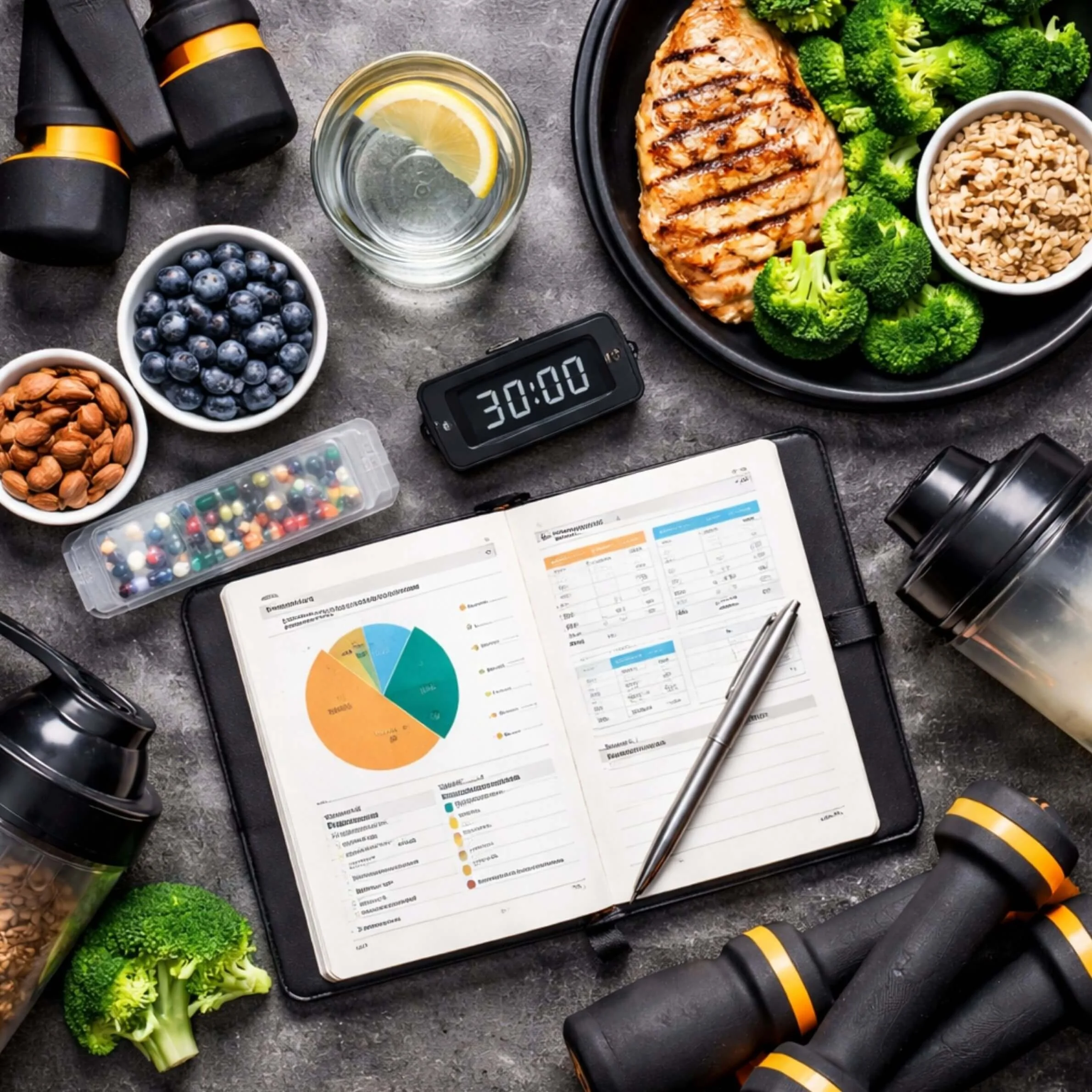 Meal planning materials, prepared food, and fitness equipment arranged on a flat surface.