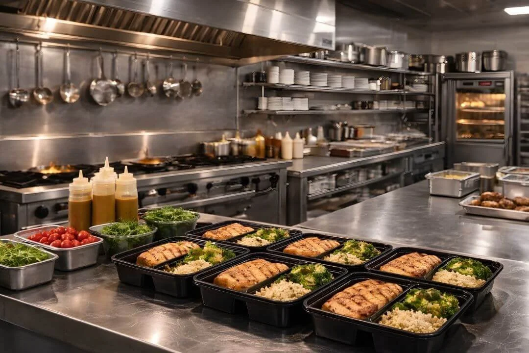 Prepared meal containers arranged on a stainless steel counter in a commercial kitchen.