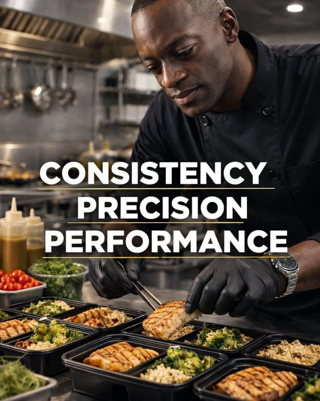 Meal PreparationChef carefully preparing protein-based meal prep containers in a commercial kitchen, with the words “Consistency, Precision, Performance” overlaid on the image.