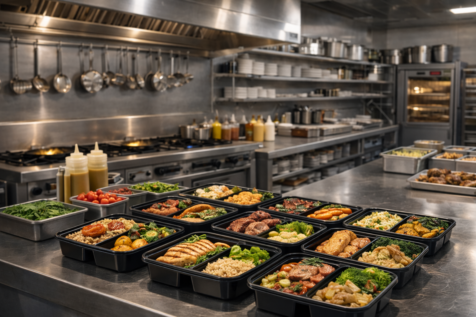 Prepared meal prep containers arranged on a stainless steel counter in a professional commercial kitchen.