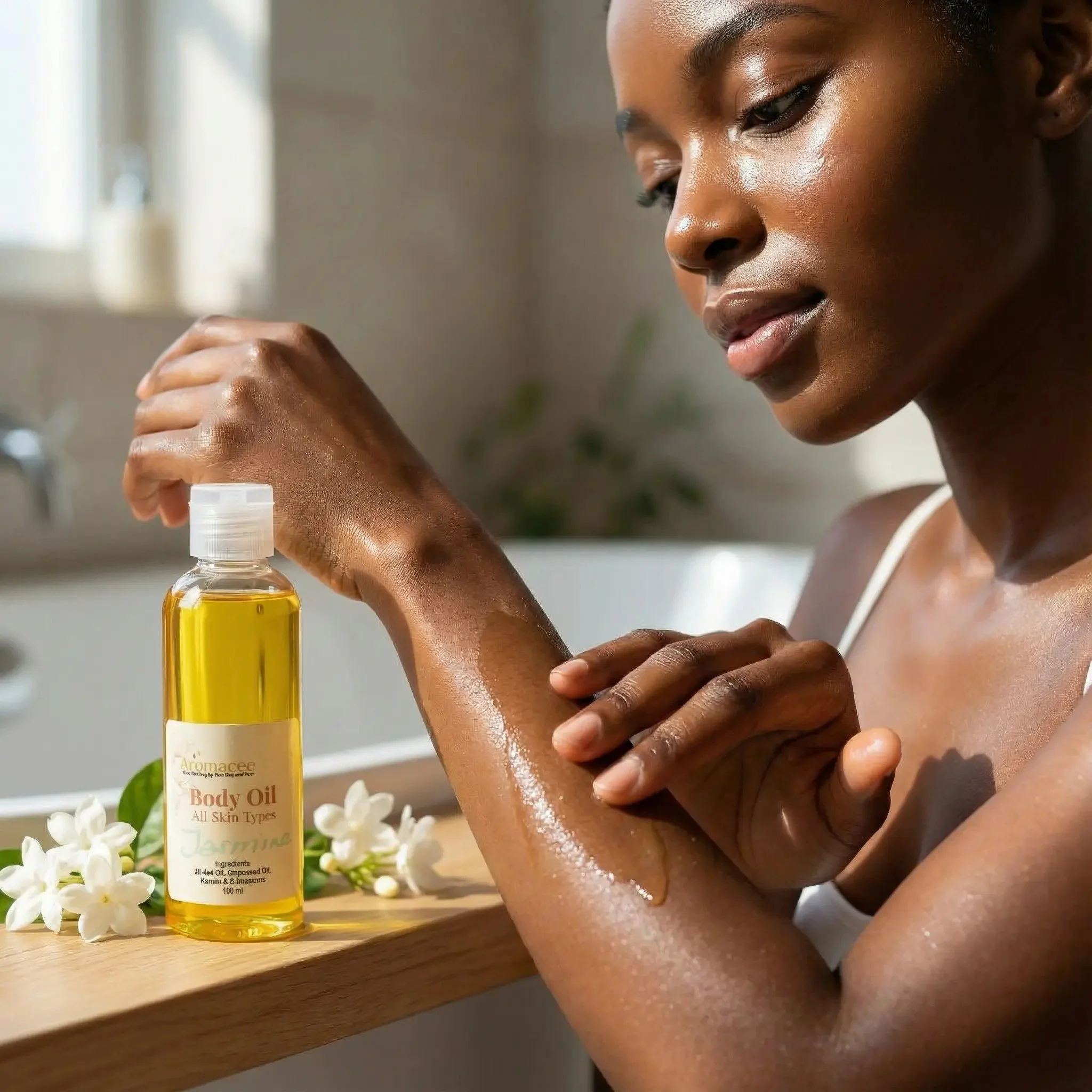 A woman applying body oil from a clear bottle labeled 'Aromacee Body Oil' to her arm in a bright, clean space with a wooden surface, white flowers, and natural light.