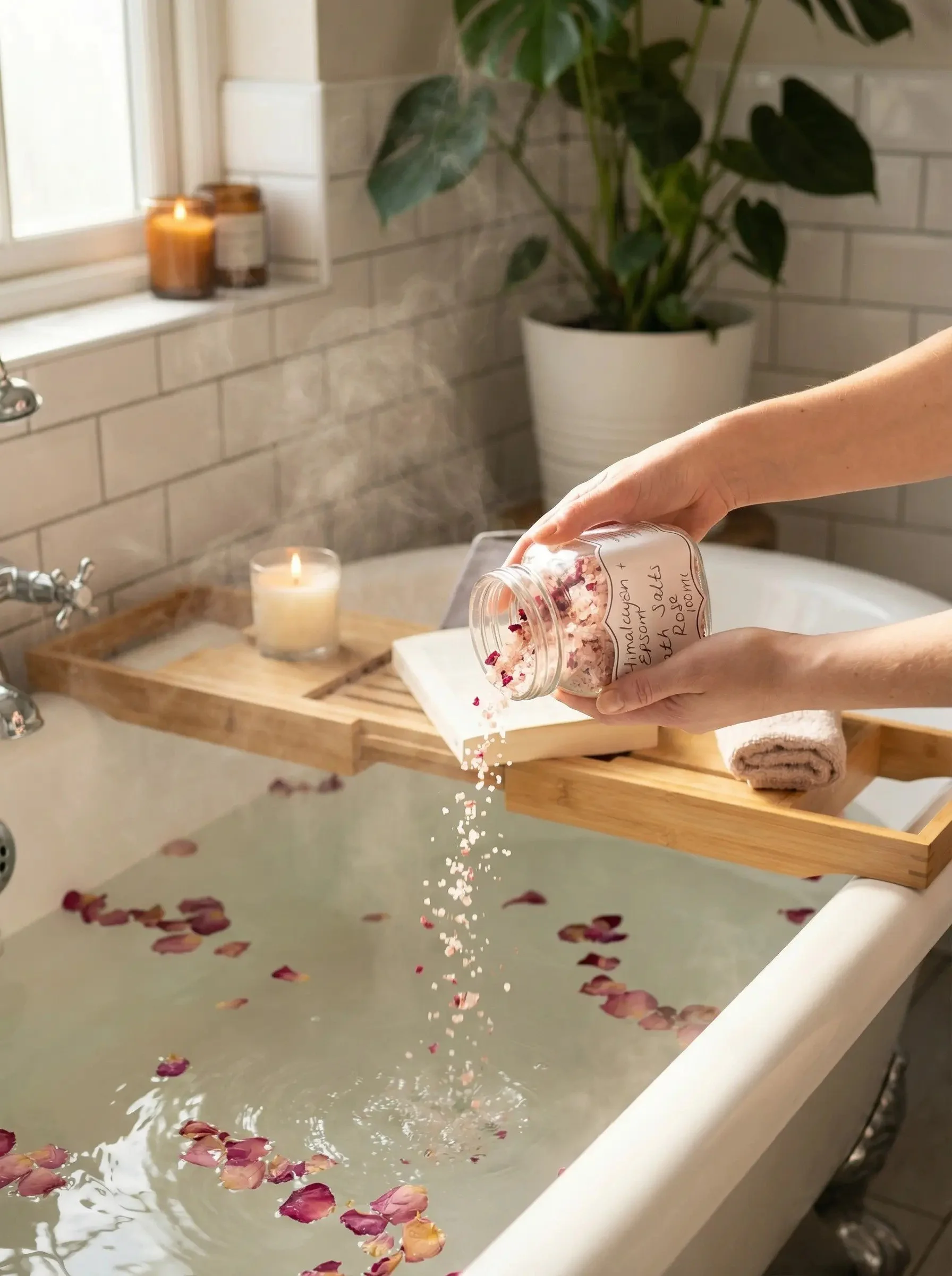 Person pouring pink bath salts into a bathtub filled with water and rose petals, with lit candles and a large potted plant in the background.
