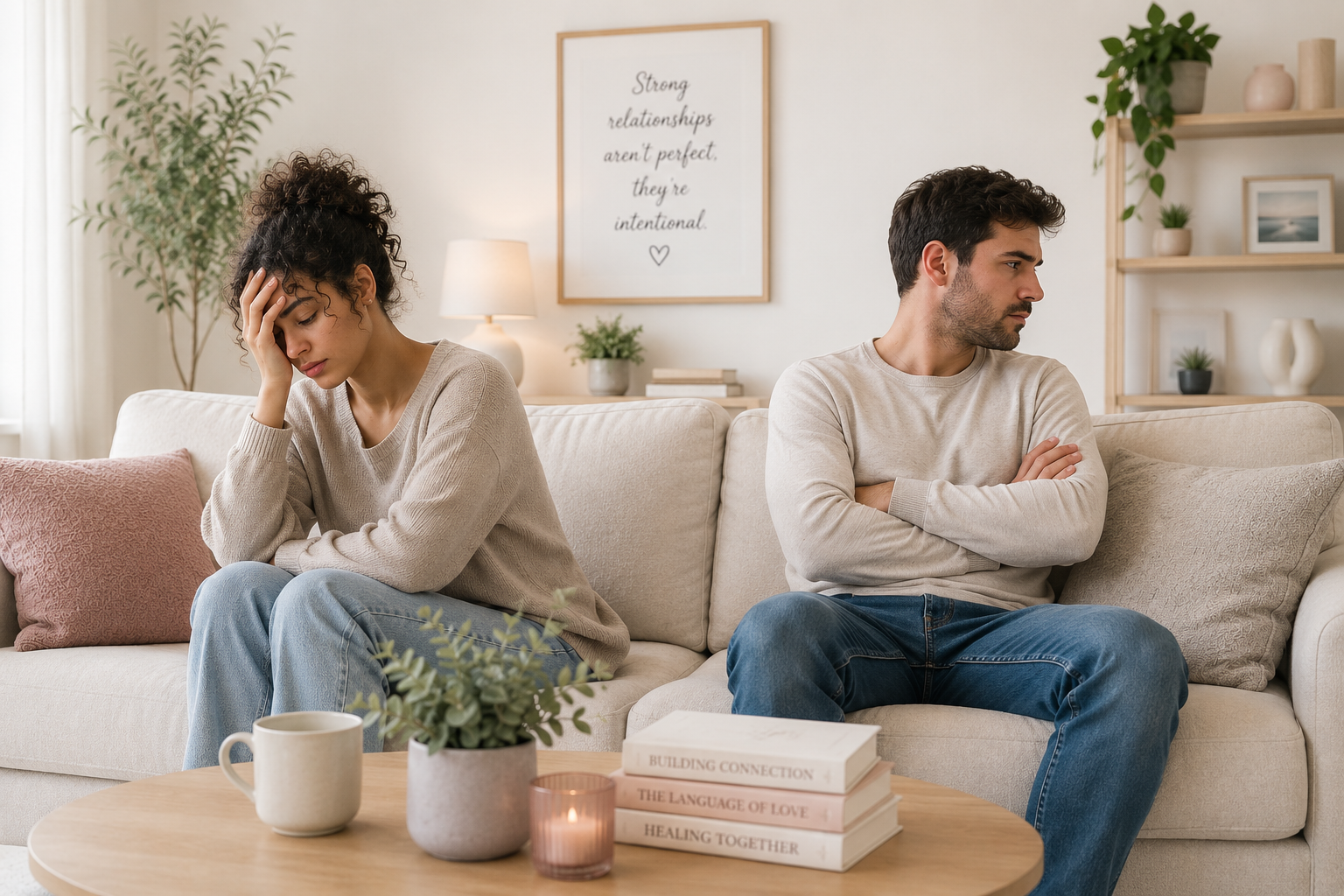 A woman looks distressed sitting on the left side of a beige sofa, while a man with arms crossed faces away on the right side, in a living room with a plant, lamp, and framed quote on the wall.