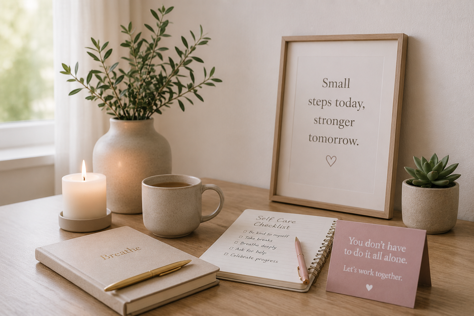 A table with a candle, a coffee mug, a plant in a beige vase, a framed quote, a notebook labeled "Breathe" with a pen, a self-care checklist, and a pink card that says "You don’t have to do it all alone. Let’s work together." in a cozy room with natural light.