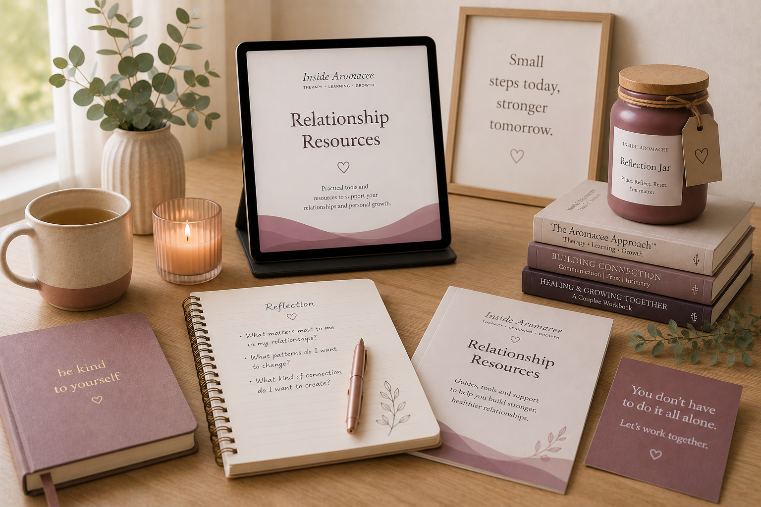 A workspace with books, framed quotes, a tablet titled 'Relationship Resources,' a candle, a coffee mug, a potted plant, and reflective note cards about relationships and self-kindness.