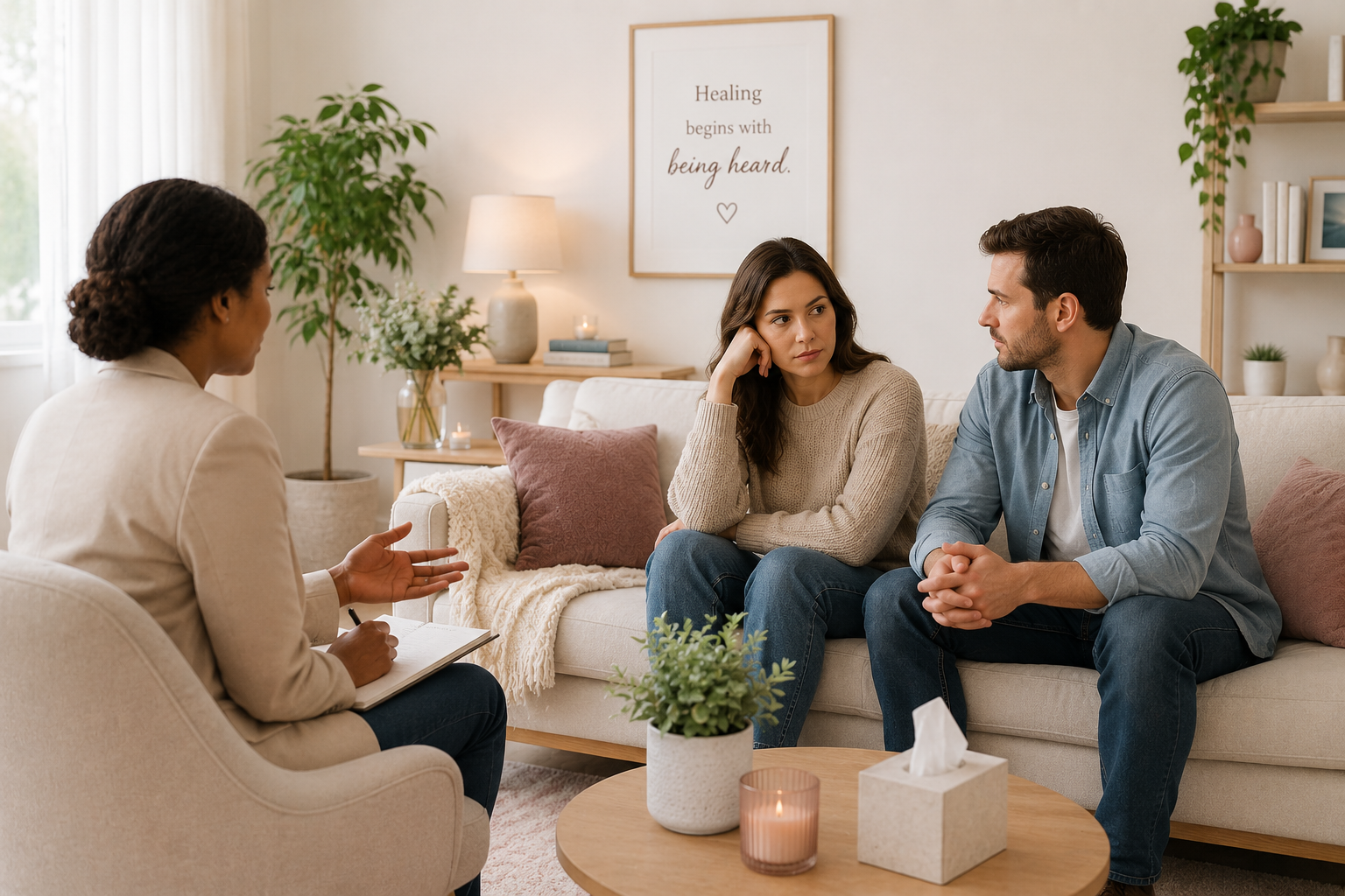 A woman therapist takes notes while talking to a couple in a therapy session in a cozy living room with plants and a framed quote about healing.