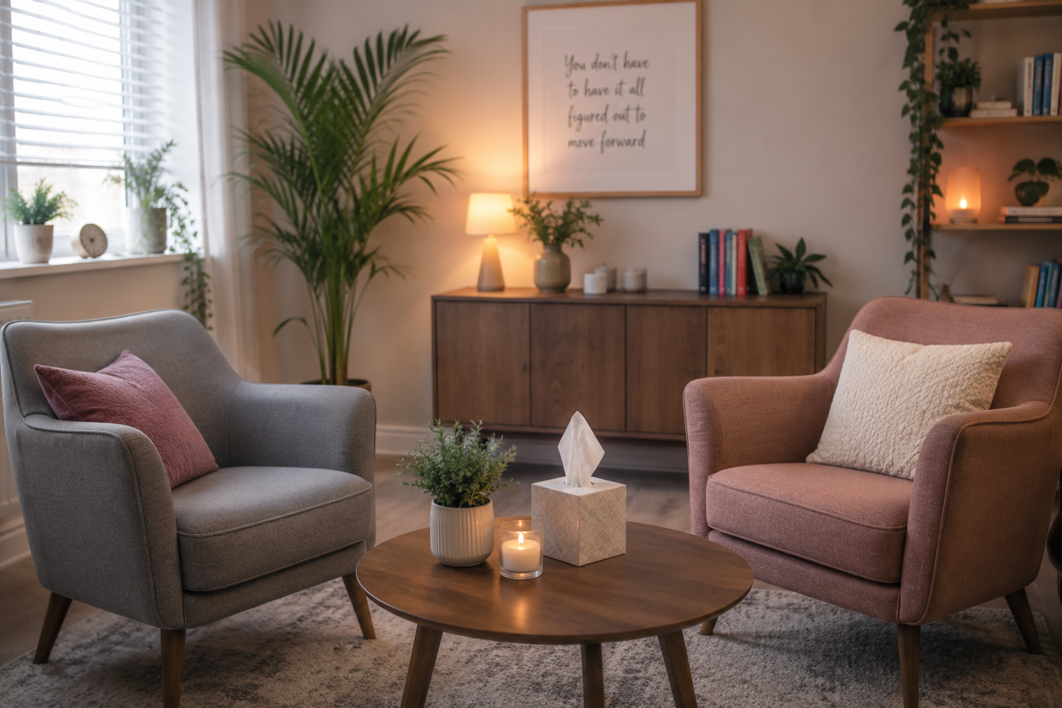 Cozy living room with two armchairs, one gray with a pink pillow, one pink with a patterned pillow, a wooden coffee table with a plant, candles, and a tissue box, a sideboard with a table lamp and decorative items, large window with plants, and a framed quote on the wall.