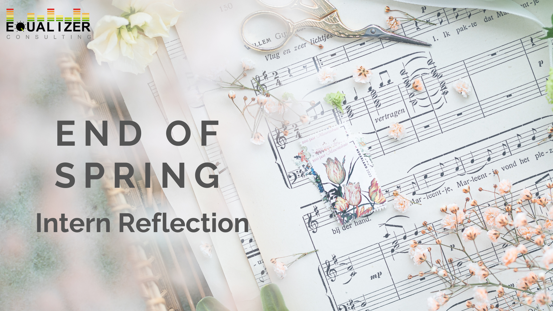 Picture showing spring flowers on top of sheet music, with blog title.
