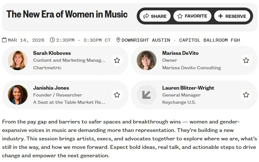 Screenshot for the New Era of Women In Music event at SXSW on March 14, 2026. With Sarah Kloboves, Marissa DeVito, Janishia Jones, and Lauren Blitzer-Wright