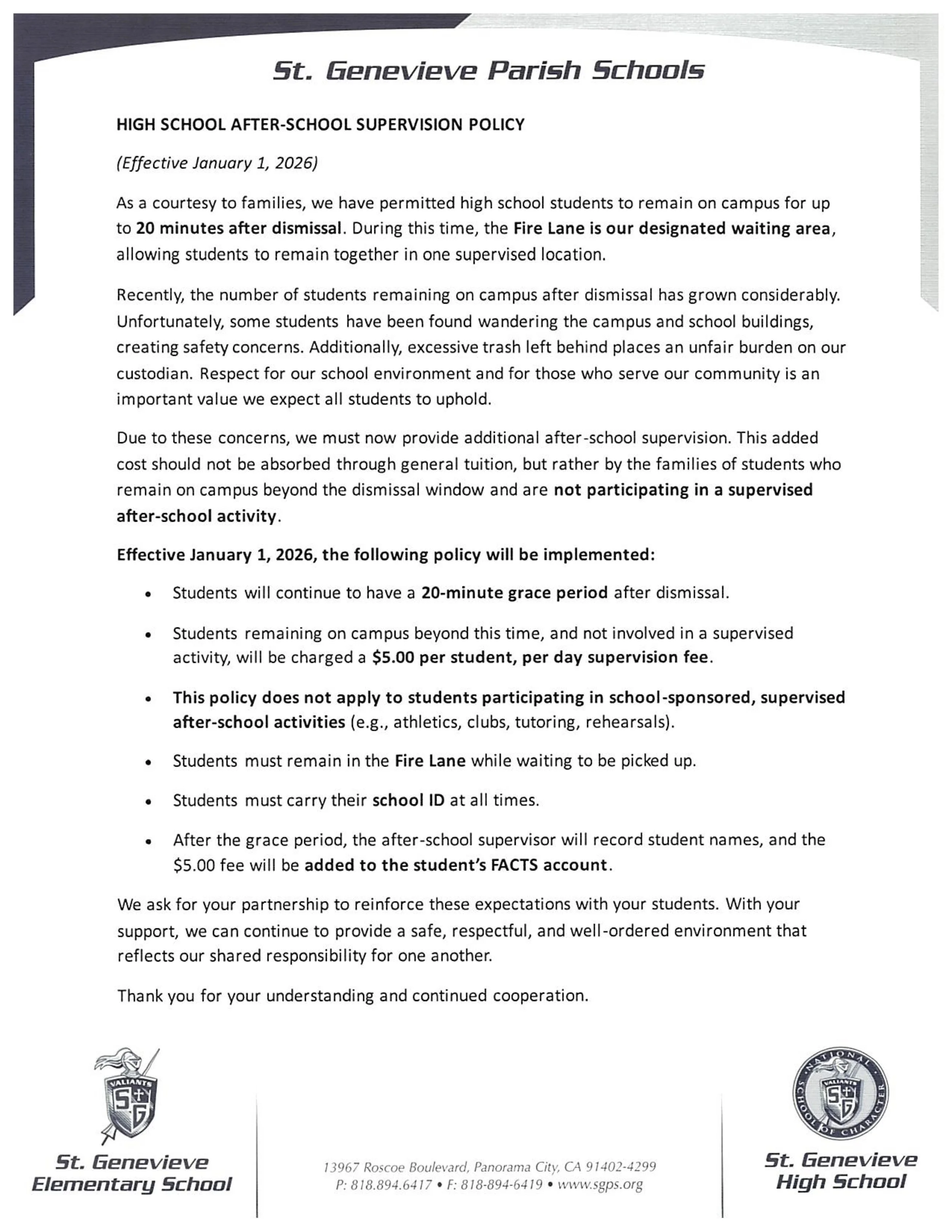 High School After-School Supervision Policy