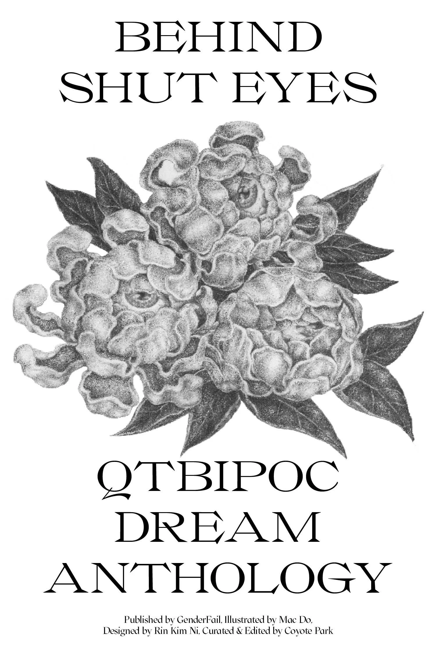 Book cover titled 'Behind Shut Eyes: Anthology of Dream' with black and white illustration of a pine cone and leaves, and credits at the bottom.