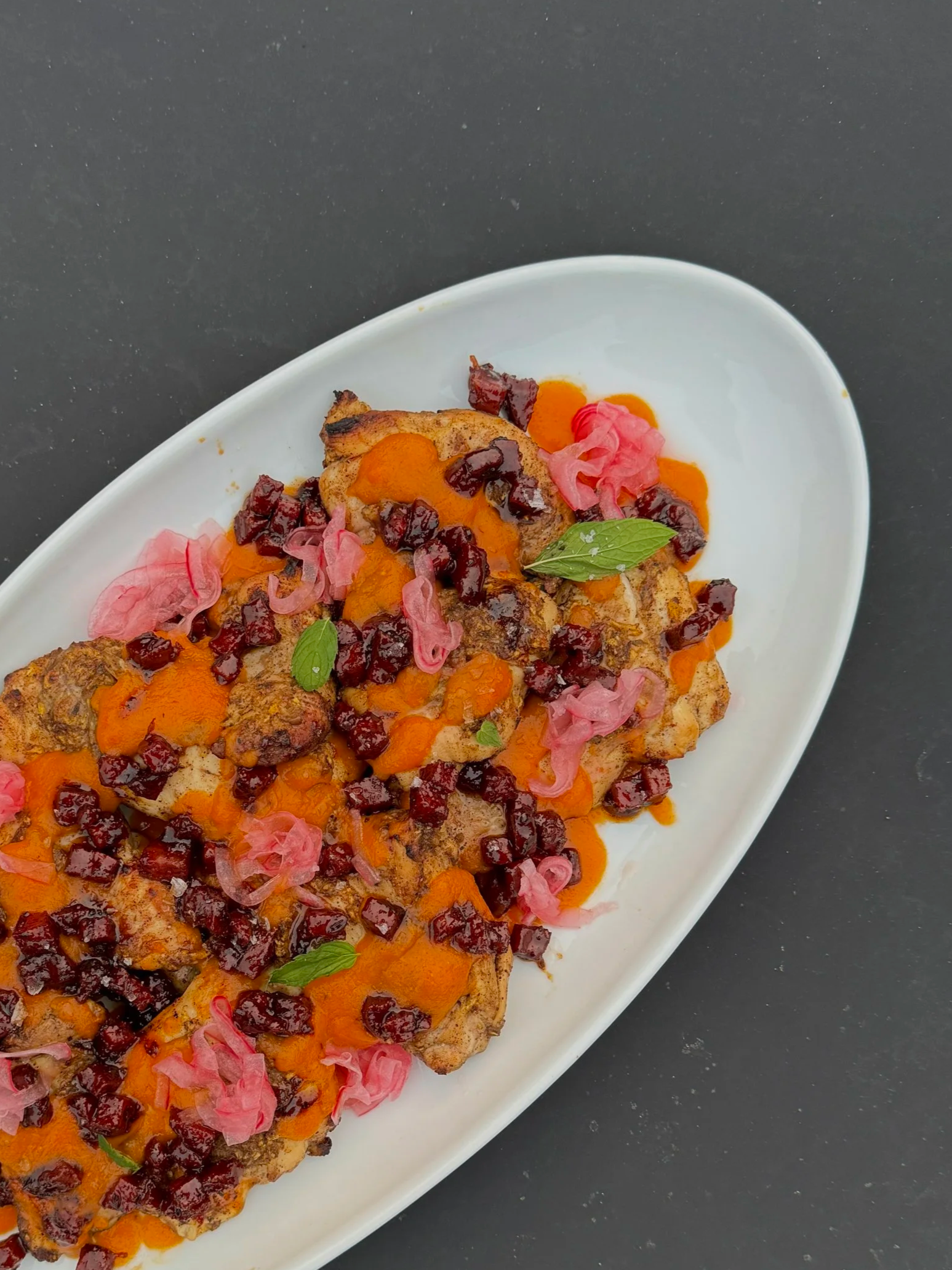 Jerk Chicken w/ Candied Chorizo + Mango Coconut Sauce
