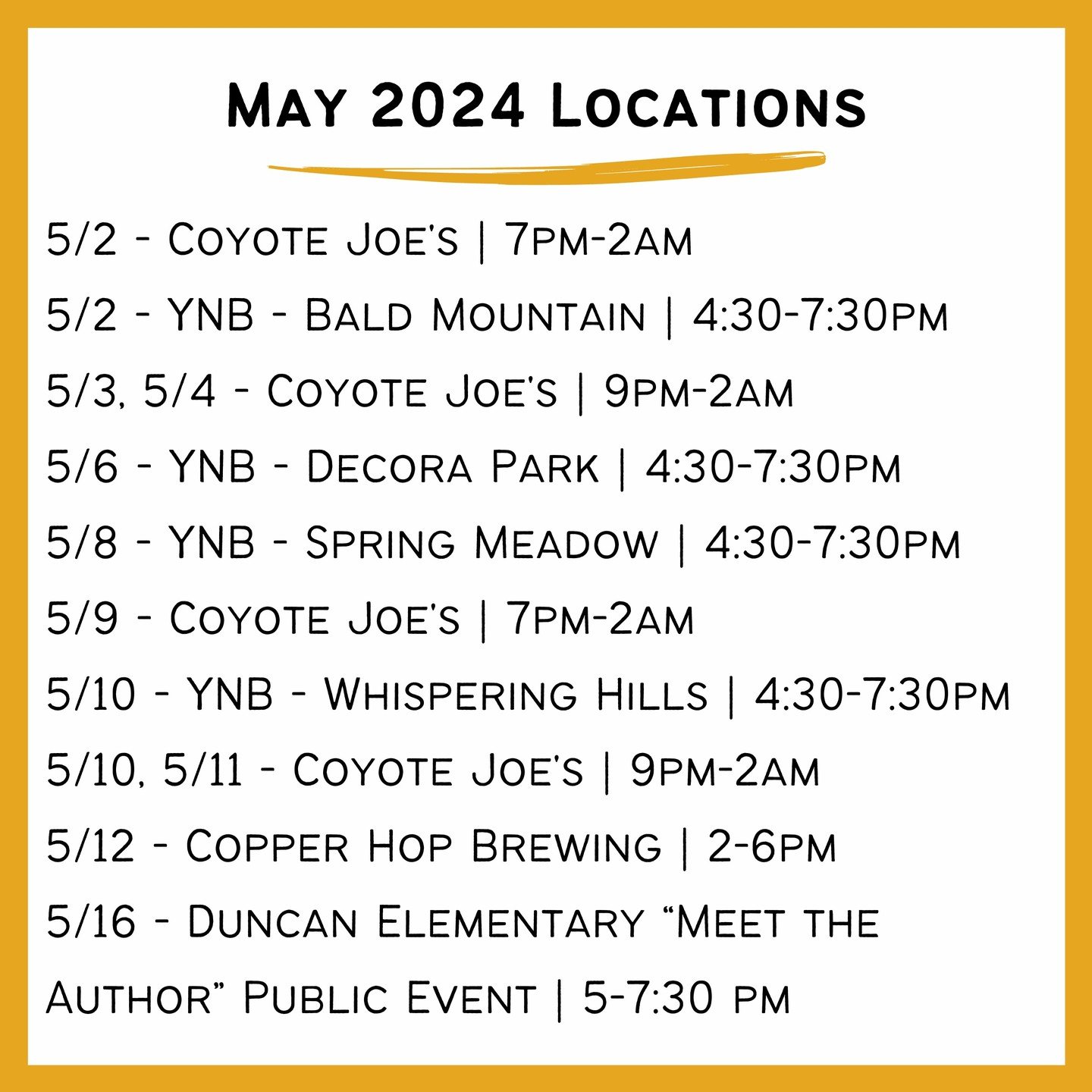 Happy May! Here's a look at where you can find us in public locations throughout the month. 
.
.
.
Make sure to follow us around with @yourneighborhoodbites (denoted with YNB in the locations).
.
.
.
#community #craftbeer #craftpizza #detroitfoodtruc