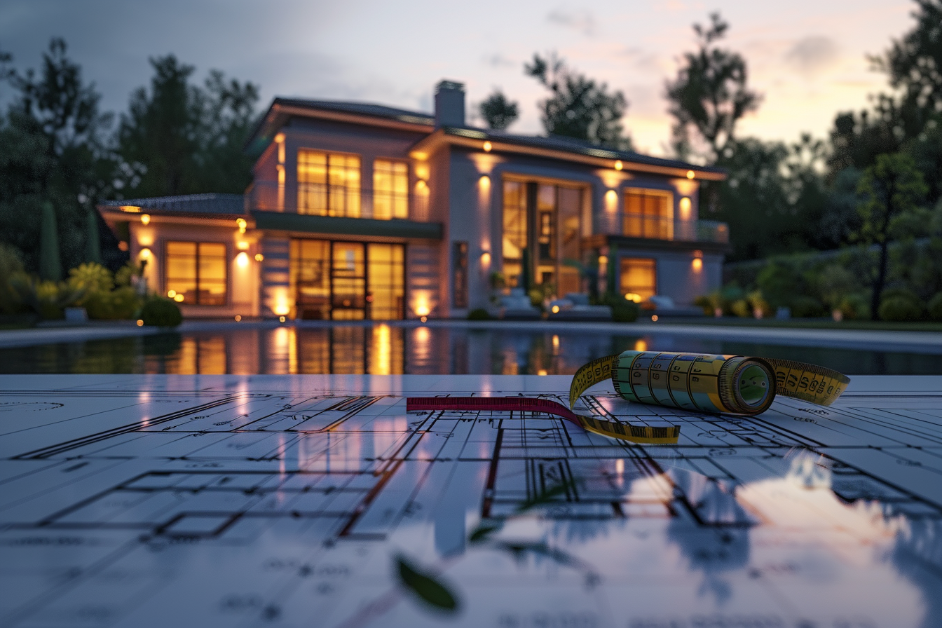 Luxury home with digital square footage grid and blueprint—symbolizing ANSI-compliant home measurement for real estate appraisal accuracy.