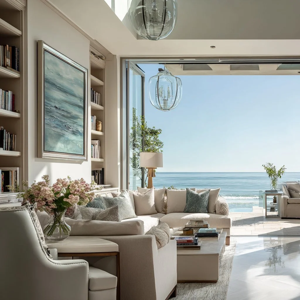 Luxurious Redondo Beach living room featuring ocean views, elegant neutral furnishings, floral accents, and natural light—showcasing refined probate property value.