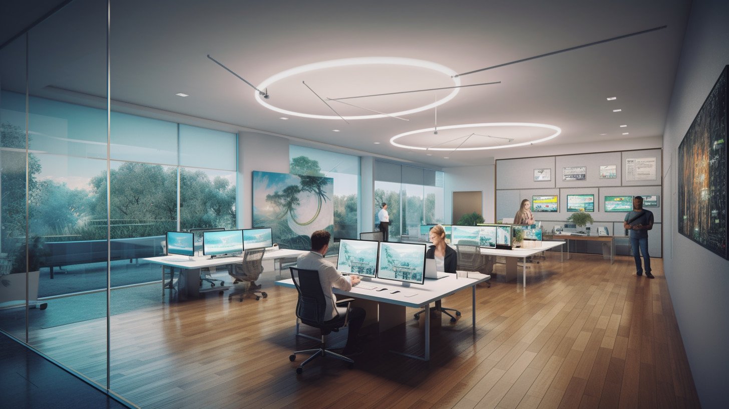 Modern California commercial office where owners digitally audit compliance, sustainability, and tech upgrades to maximize future property value.
