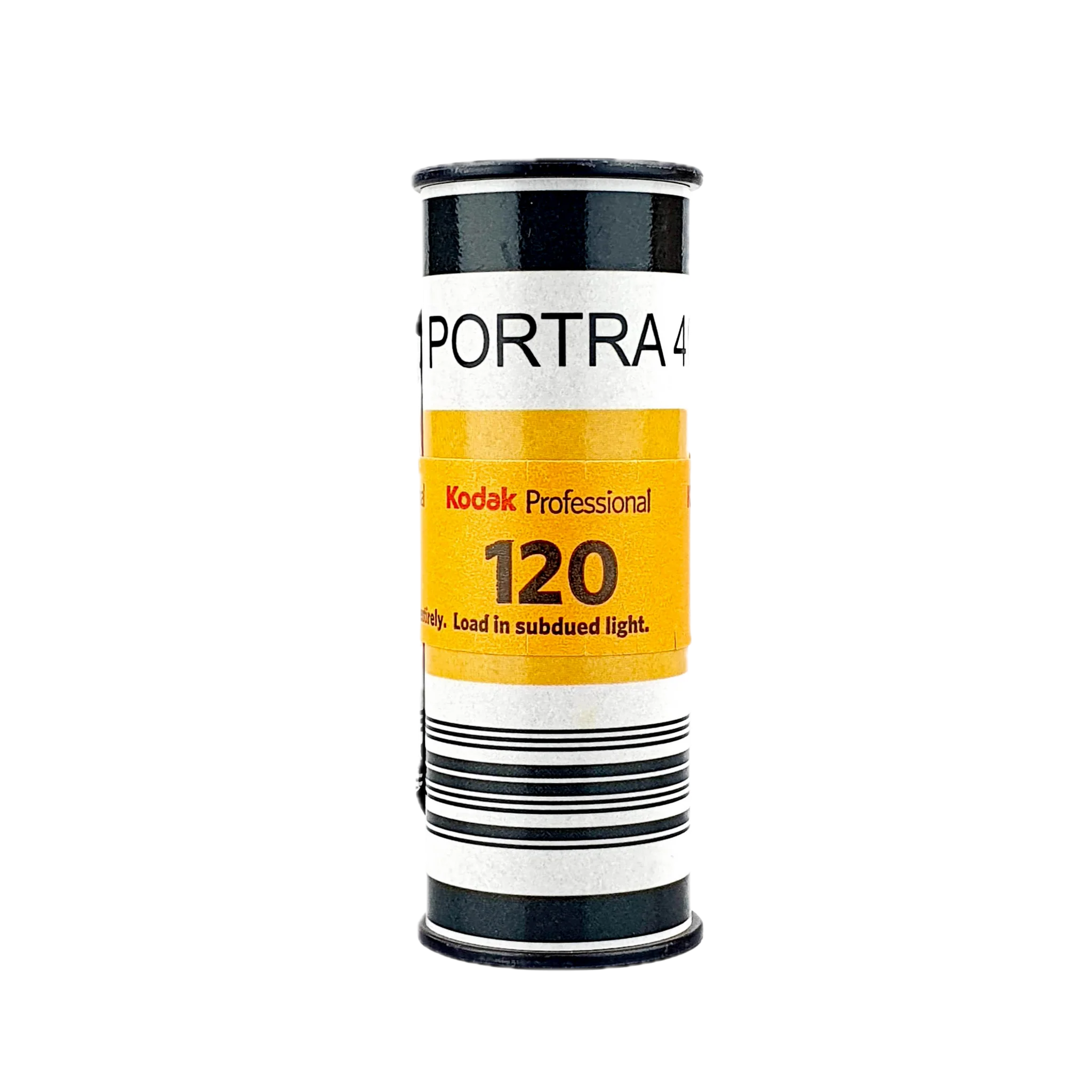 A roll of Kodak Professional Portra 120 film against a black background.