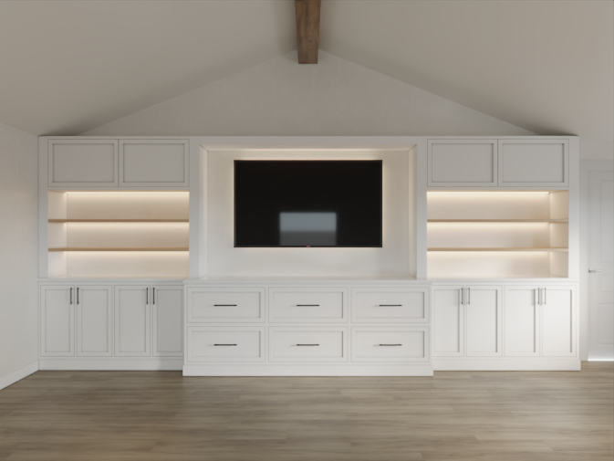 Empty white built-in media console with cabinets and open shelves, and a mounted flat-screen TV on a white wall in a modern living room.