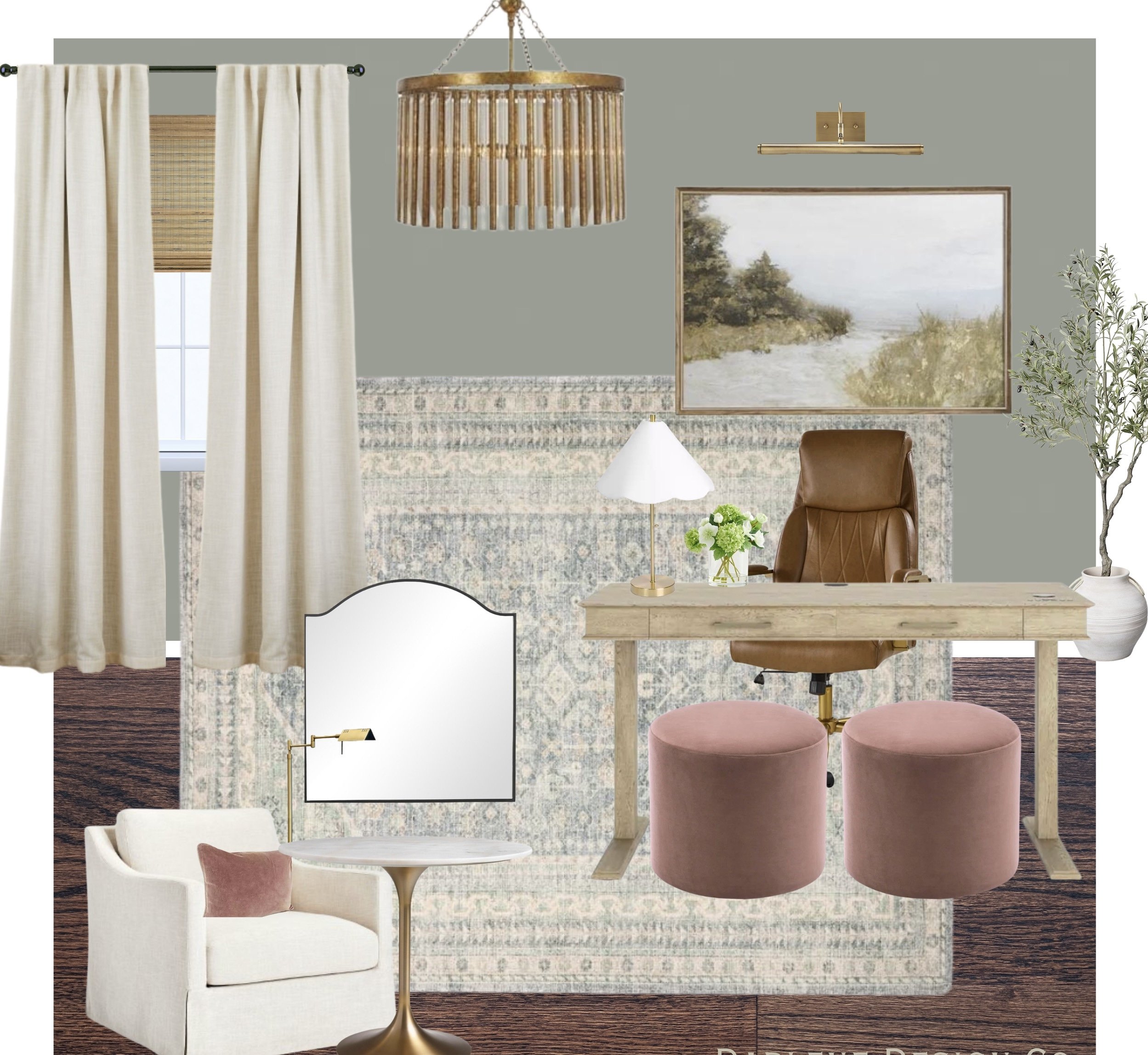 A cozy home office with a beige desk, leather office chair, pink velvet stools, a white armchair with a pink pillow, a large window with cream curtains, a chandelier, a table lamp, a potted olive tree, a landscape painting, and a mirror on the floor.