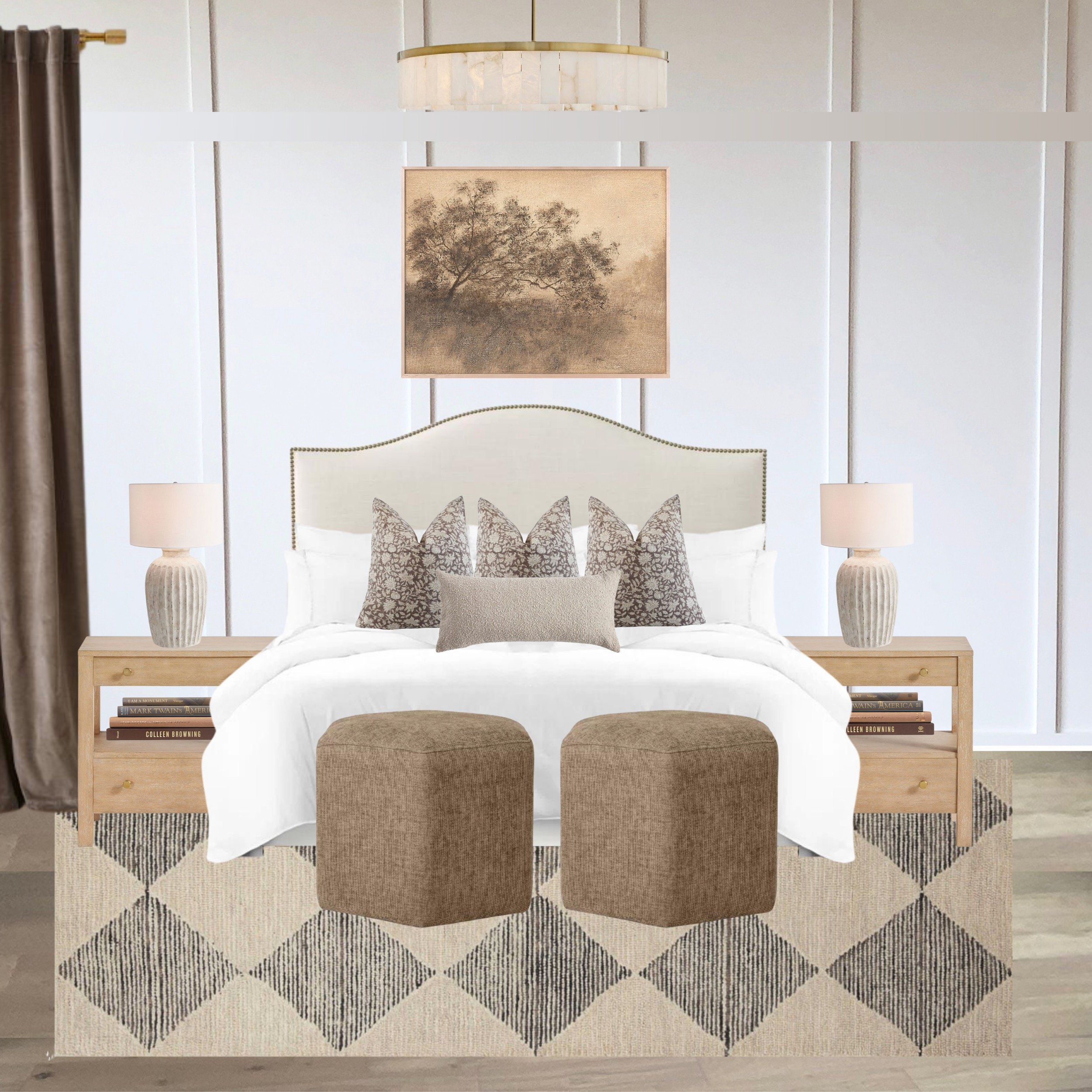 A bedroom with a white bed, beige ottomans, matching nightstands, lamps, and decorative pillows. There is a painting of a tree above the bed and a geometric-patterned rug on a wooden floor.