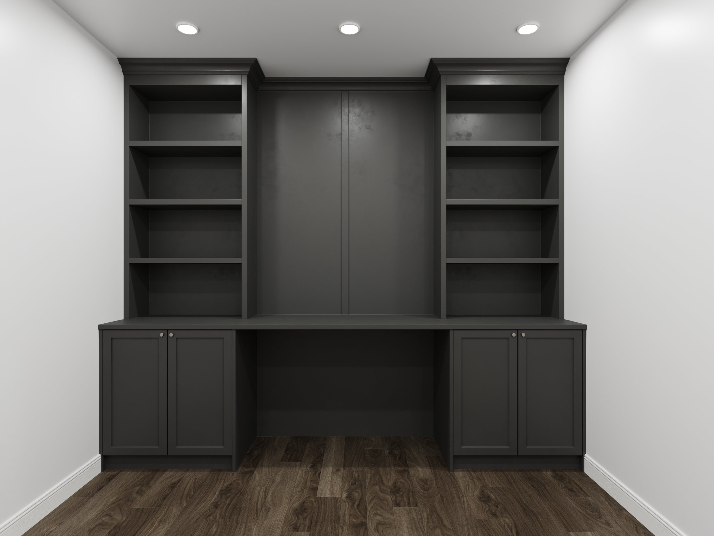Empty black built-in bookshelf unit with cabinets below, set against white walls and wooden floor.