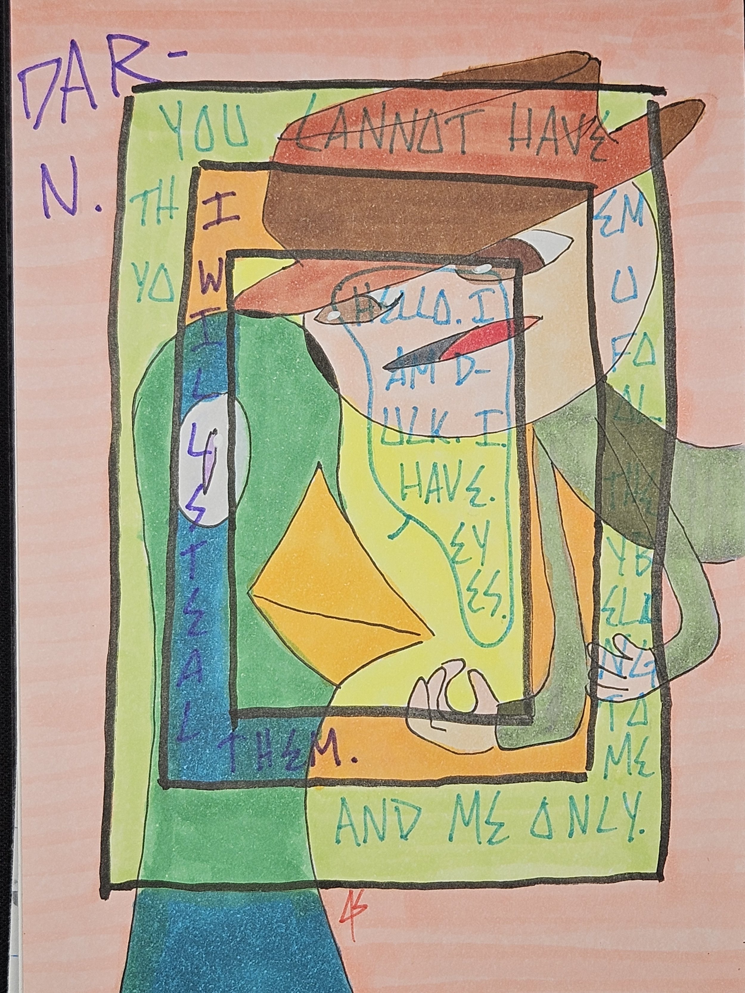 a four panel comic but i sacrifice the aesthetic and readability to keep the character continuity precise by using a format that progresses the short story visually by starting on the inside and ending on the outside.