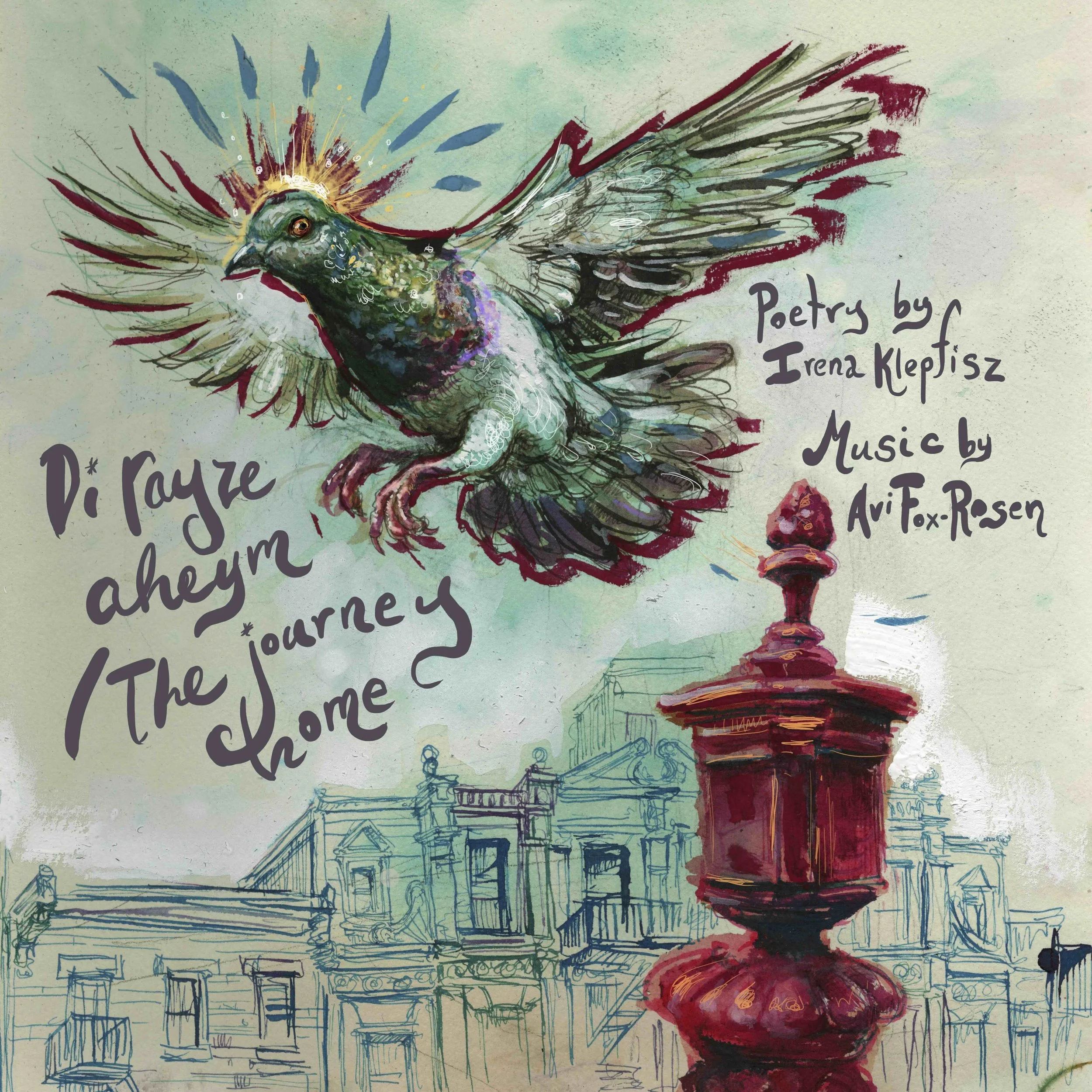 A pigeon flies  across a Brooklyn street. Album cover art, by Molly Crabapple with design by Jett George.