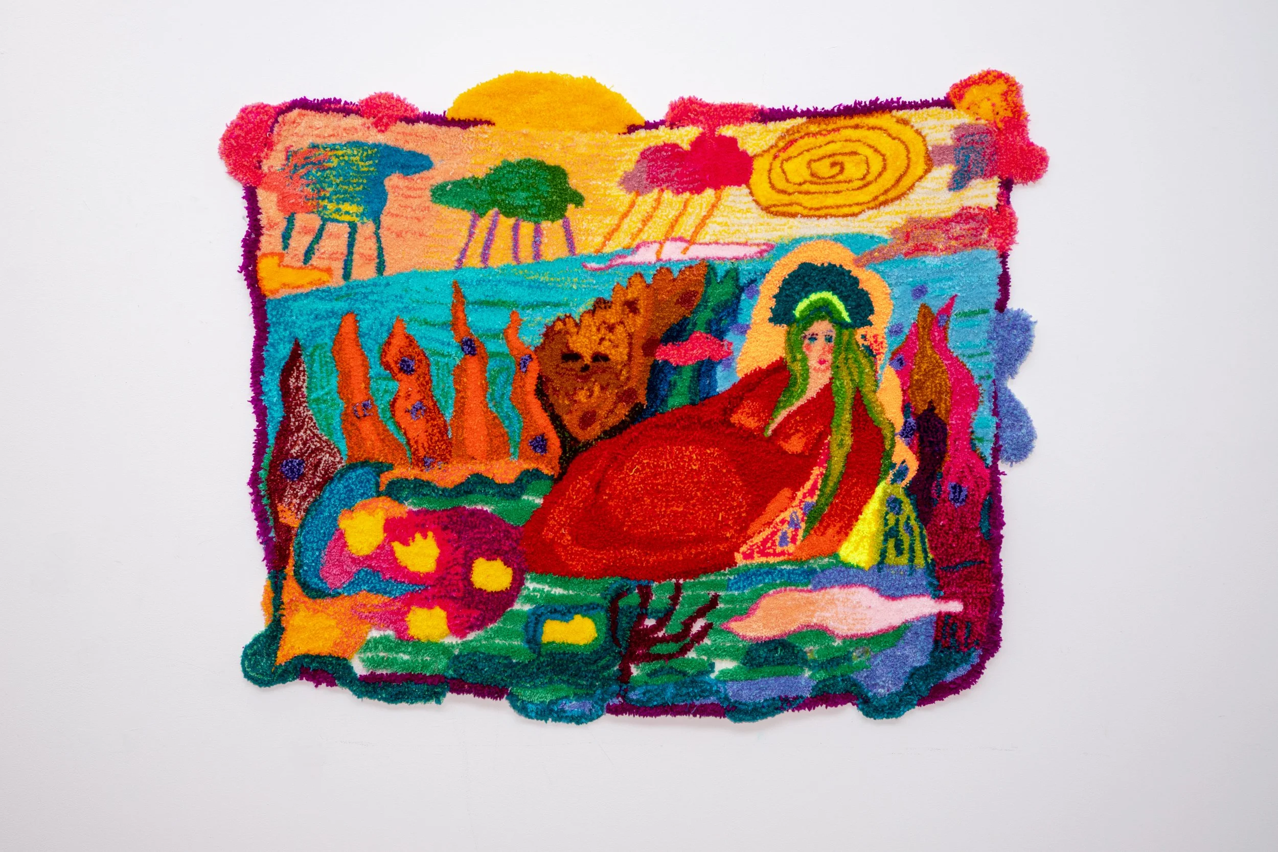 Eden's Aquarium, acrylic wool on monk's cloth, 55" x 50", 2025 
