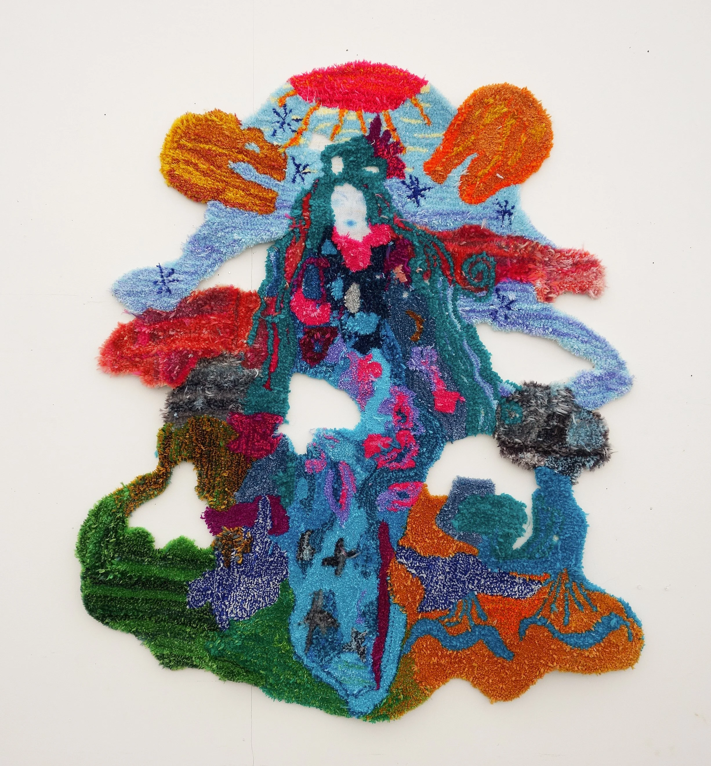Altarpiece to the Goddess of the Earth and Sky, acrylic wool and gouache on monk's cloth, 48" x 55", 2025