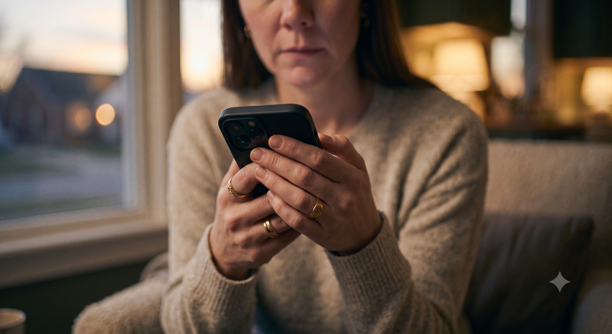 Person experiencing rejection sensitive dysphoria, sitting quietly by a window holding a phone