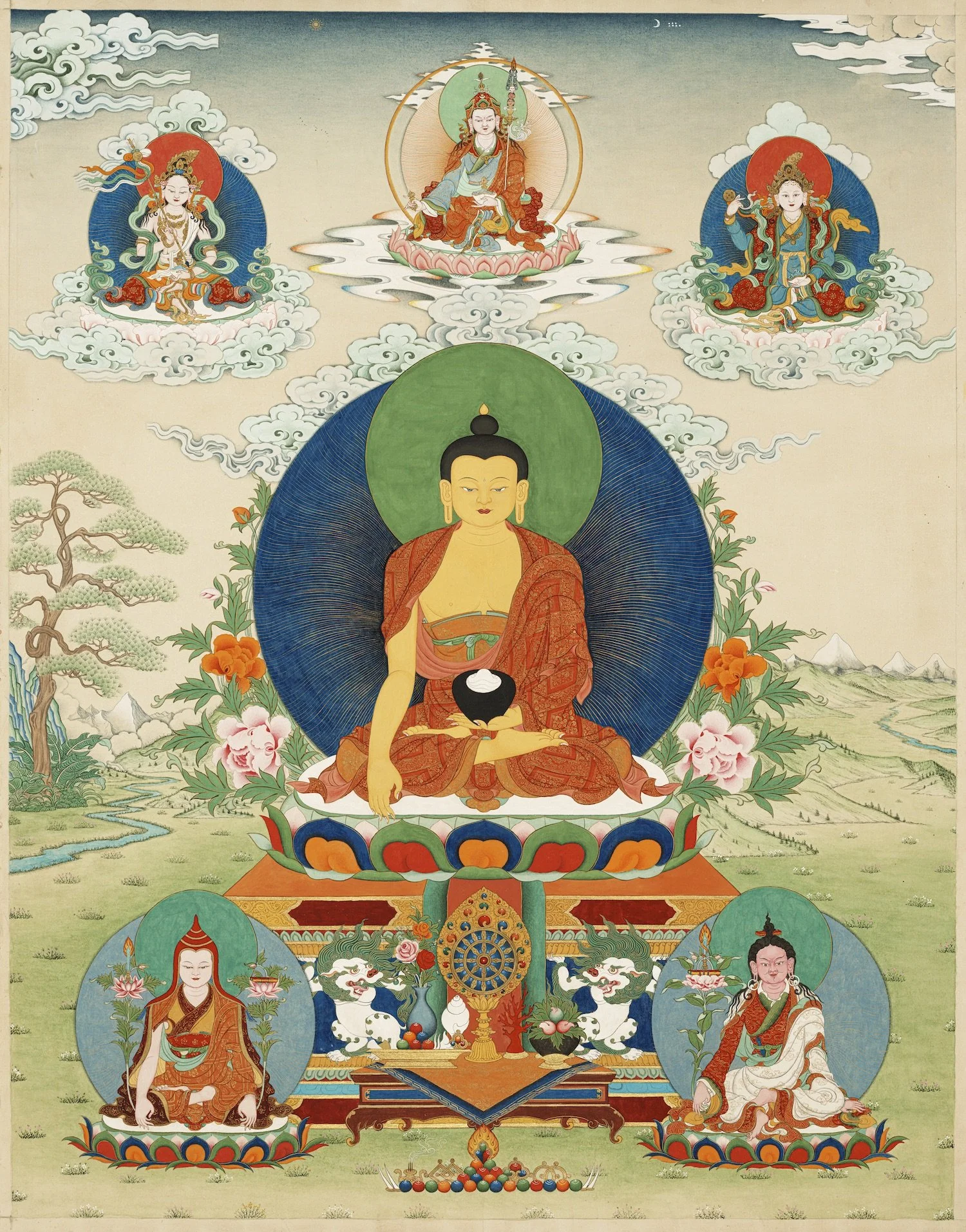 Lineage includes Padmasambhava, Yeshe Tsogyal, Jigme Lingpa, and Longchenpa, with Buddha Shakyamuni at the center