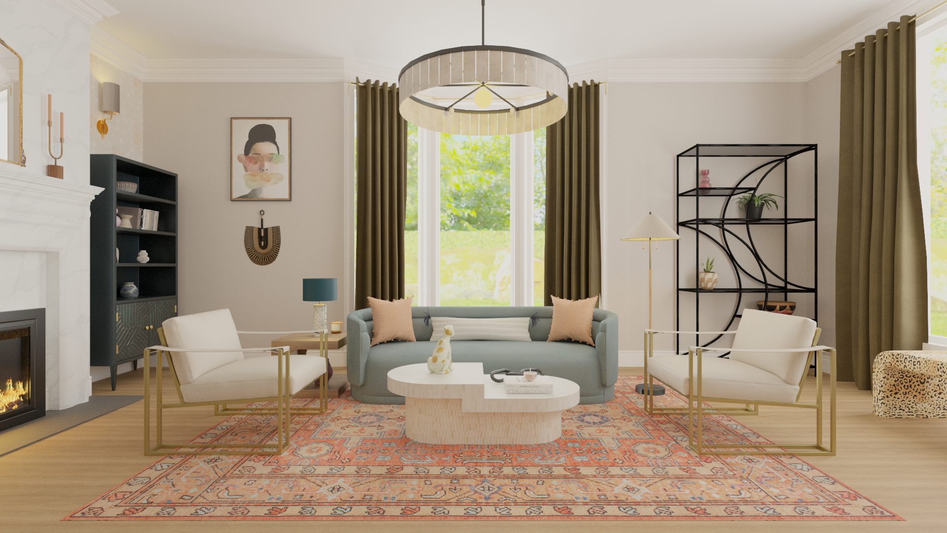 A living room with a fireplace, a light blue sofa, two white armchairs with gold frames, a coffee table, and a patterned area rug. There are large windows with green curtains and a view of trees outside. Decor includes a framed portrait, wall art, a 