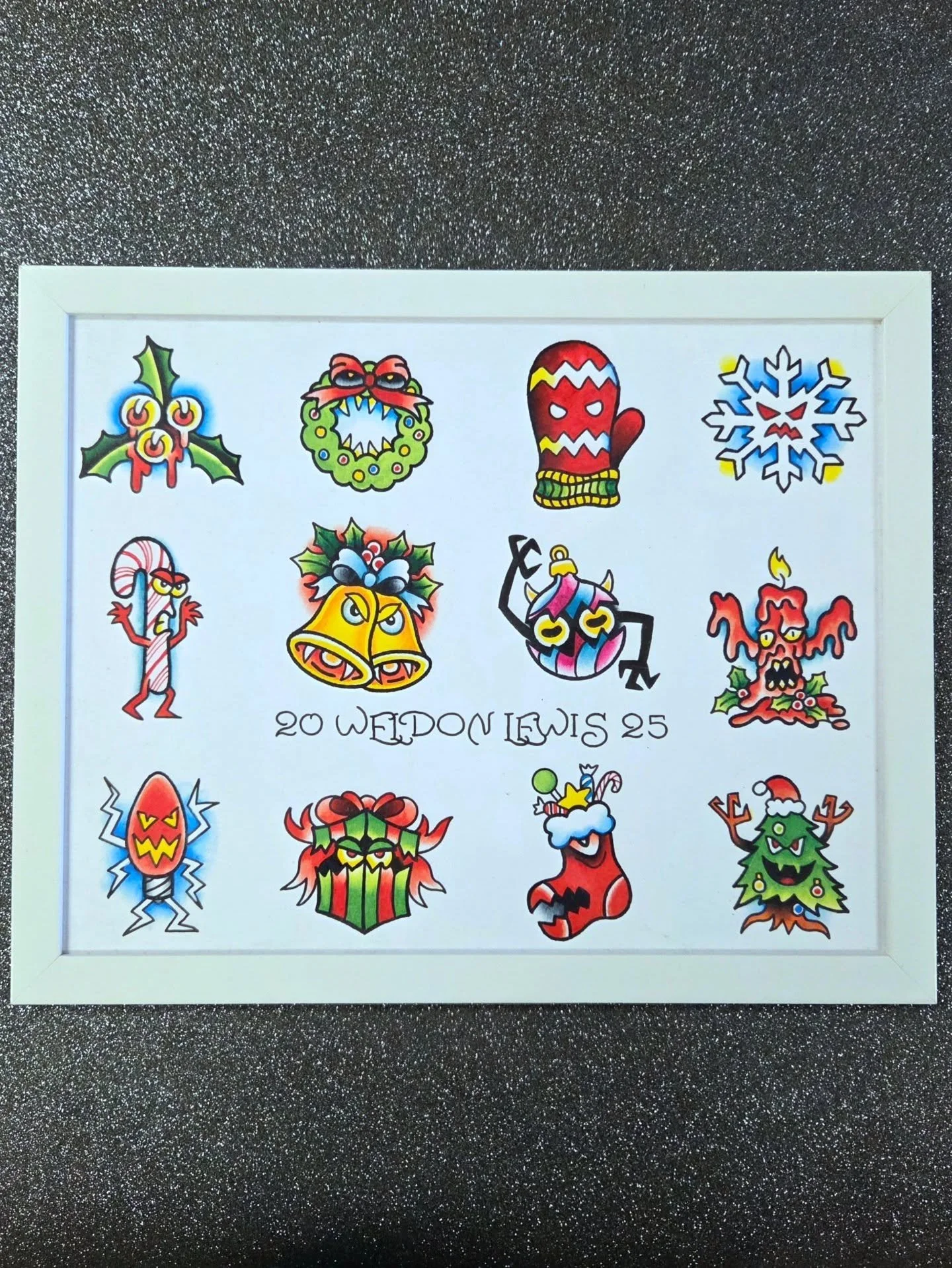 Illustration of various colorful Christmas-themed cartoon characters and decorations on white paper, including holly, wreath, mitten, snowflake, candy cane, bells, ornament, sock, candle, and character with personality. Text in the center reads '20 W
