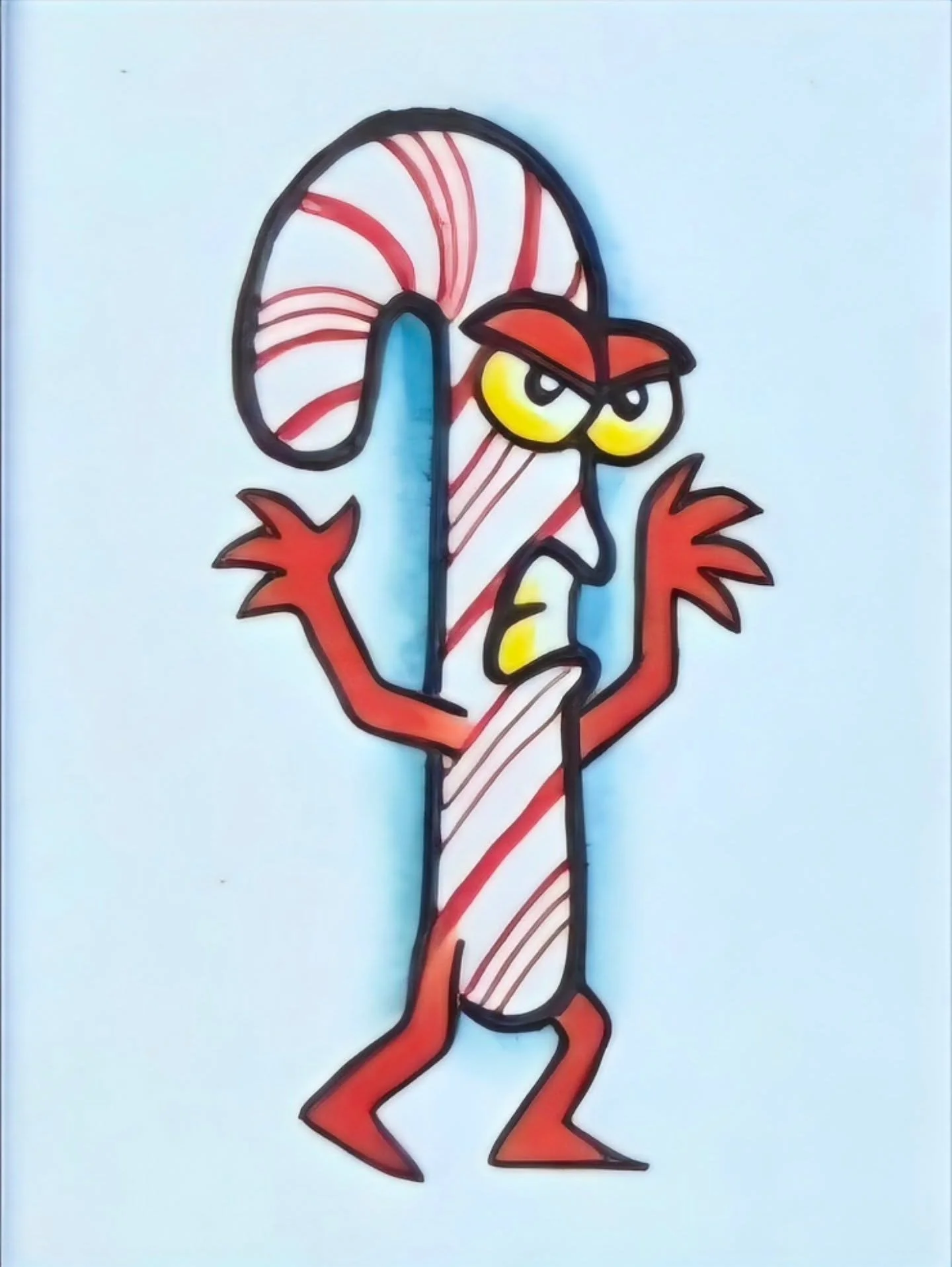 Drawing of a cartoon-style Christmas candy cane with angry eyes, arms, and legs.