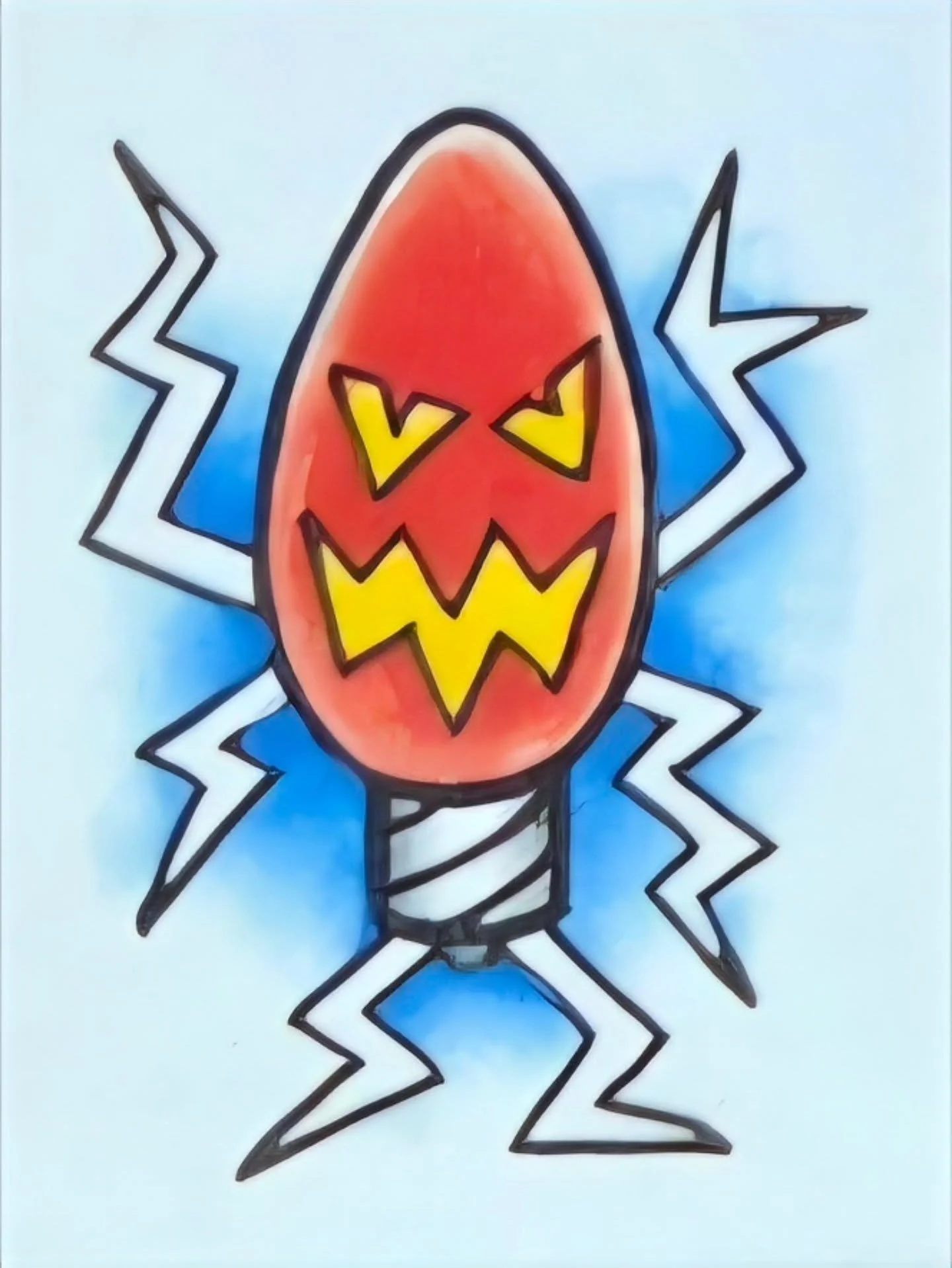 Drawing of a cartoon Easter egg with a red face, angry eyes, a jagged mouth, and lightning bolt arms and legs, on a light background.