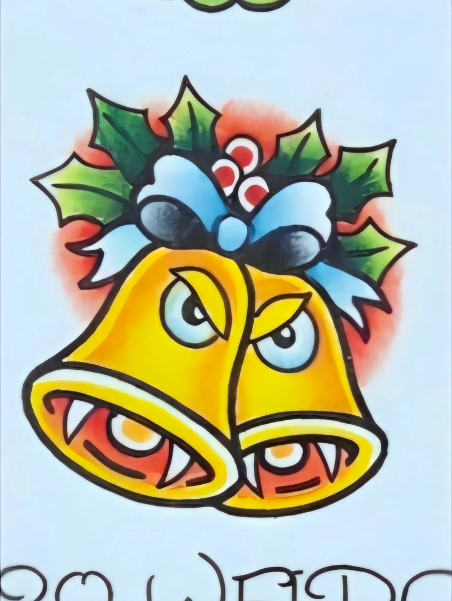 Colorful Christmas-themed illustration with yellow bells, a blue bow, holly leaves, and red berries