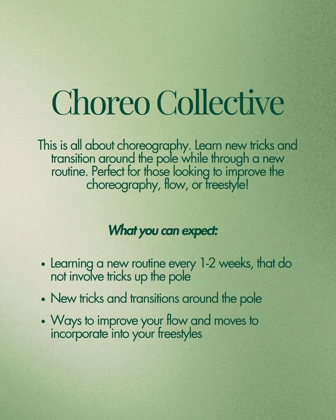 Information poster about Choreo Collective, focusing on choreography, tricks, transitions, and freestyles.
